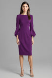 Long Sleeve Sheath Navy Round Neck Work Dress