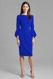 Long Sleeve Sheath Navy Round Neck Work Dress
