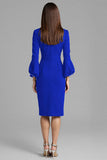 Long Sleeve Sheath Navy Round Neck Work Dress