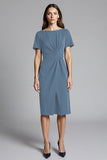 Navy Sheath Ruched Midi Work Dress