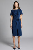 Navy Sheath Ruched Midi Work Dress
