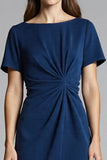 Navy Sheath Ruched Midi Work Dress