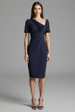Navy Ruched Short Sleeve Sheath Work Dress