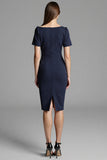 Navy Ruched Short Sleeve Sheath Work Dress