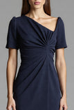 Navy Ruched Short Sleeve Sheath Work Dress