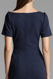 Navy Ruched Short Sleeve Sheath Work Dress