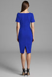 Navy Ruched Short Sleeve Sheath Work Dress