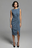 Grey Ruched Sheath Midi Work Dress With Slit