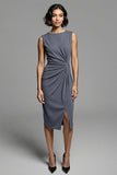 Grey Ruched Sheath Midi Work Dress With Slit