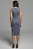 Grey Ruched Sheath Midi Work Dress With Slit