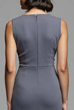Grey Ruched Sheath Midi Work Dress With Slit