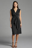 Sheath Navy V Neck Midi Work Dress With Sash