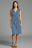 Sheath Navy V Neck Midi Work Dress With Sash