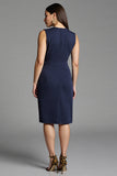 Sheath Navy V Neck Midi Work Dress With Sash