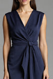 Sheath Navy V Neck Midi Work Dress With Sash