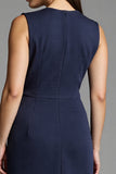 Sheath Navy V Neck Midi Work Dress With Sash