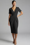 Simple Champagne Ruched Sheath Midi Work Dress