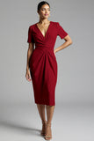 Simple Champagne Ruched Sheath Midi Work Dress