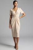 Simple Champagne Ruched Sheath Midi Work Dress