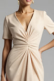 Simple Champagne Ruched Sheath Midi Work Dress