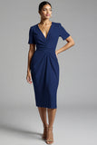 Simple Champagne Ruched Sheath Midi Work Dress