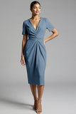 Simple Champagne Ruched Sheath Midi Work Dress