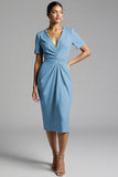 Simple Champagne Ruched Sheath Midi Work Dress