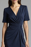Navy Shesth Ruched Work Dress With Slit