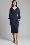 Sheath Navy Beaded V Neck Work Dress