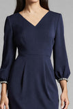Sheath Navy Beaded V Neck Work Dress