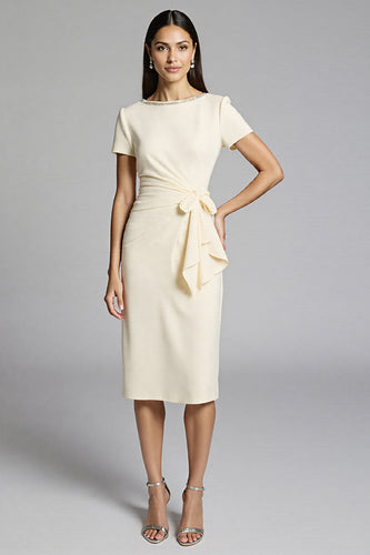 Beige Beaded Sheath Ruched Work Dress