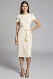 Beige Beaded Sheath Ruched Work Dress