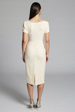 Beige Beaded Sheath Ruched Work Dress