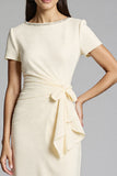 Beige Beaded Sheath Ruched Work Dress