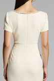 Beige Beaded Sheath Ruched Work Dress