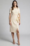 Beaded Champagne Ruched Midi Work Dress