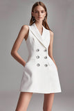 Ivory Satin A Line Peak Lapel Short Work Blazer Dress
