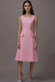 Pink A Line Midi Work Dress with Pockets