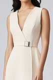 Champagne Satin V-Neck Sheath Midi Work Blazer Dress