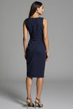Navy Bodycon Ruched Satin Midi Work Dress
