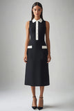 Black and White Satin Sheath Collar Neck Midi Work Dress