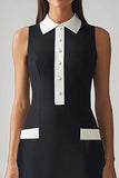 Black and White Satin Sheath Collar Neck Midi Work Dress