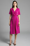Fuchsia Satin V-Neck Midi Work Dress with Sleeves