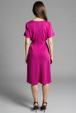 Fuchsia Satin V-Neck Midi Work Dress with Sleeves