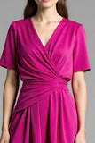 Fuchsia Satin V-Neck Midi Work Dress with Sleeves