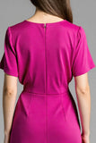 Fuchsia Satin V-Neck Midi Work Dress with Sleeves