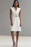 Ivory Satin Notched Lapel Short Work Blazer Dress