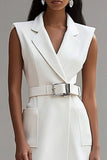 Ivory Satin Notched Lapel Short Work Blazer Dress