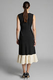 Black Satin A Line Midi Work Dress with Ruffles