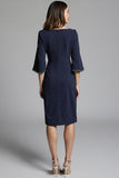 Navy Satin Midi Bodycon Work Dress with Sleeves